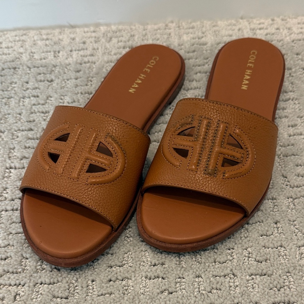 Cole Haan Brown Leather Slide Sandals with Cutout Logo